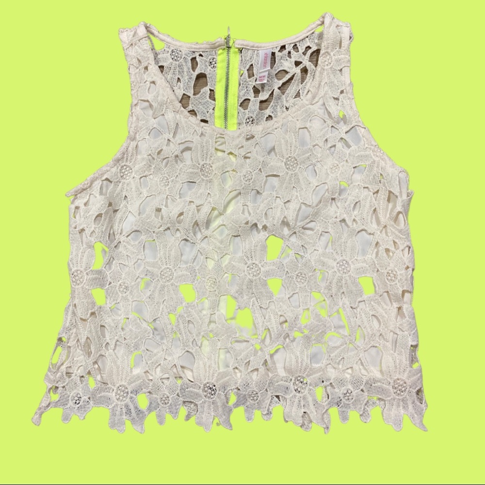 Beige Floral Crop Top w/ Neon Zipper